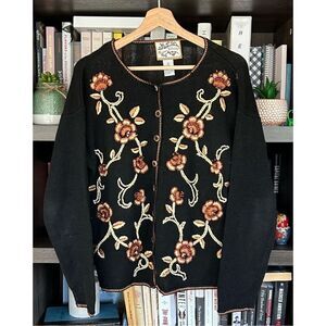 VTG Heirloom Collectibles Black Cardigan Floral Design Brown Gold Buttons Medium